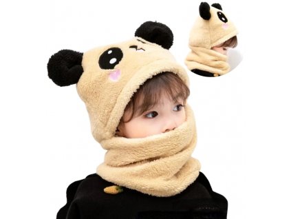Dětská zimní fleecová čepice 2v1 s kapucí a ušima, béžová, univerzální velikost, 100% polyester
