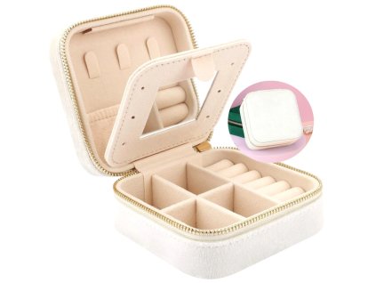 Organizér na šperky se zrcátkem, bílý semiš, 10x10x5 cm