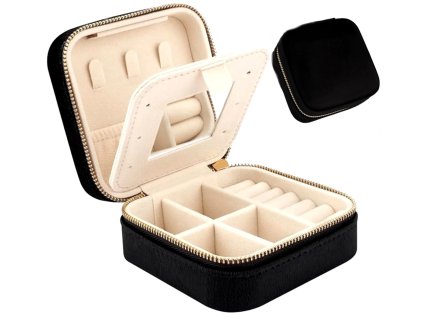 Organizér na šperky s malým zrcátkem, černý semiš, 10x10x5 cm