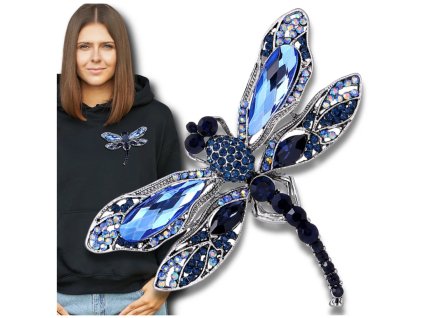Elegantní Brož Vážka zdobená zirkony a krystaly, stříbrná bižuterní slitina, modrá/černá/safírová/bílá/žlutá