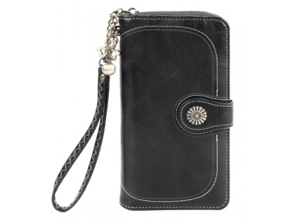 Velká dámská peněženka z ekokůže s kroužkem na klíče, černá, 19.3x10x3.5 cm