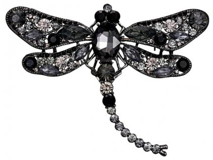 Elegantní Brož Vážka zdobená Zirkony a Krystaly, Bižuterní Slitina, Šířka 6 cm, Výška 5 cm