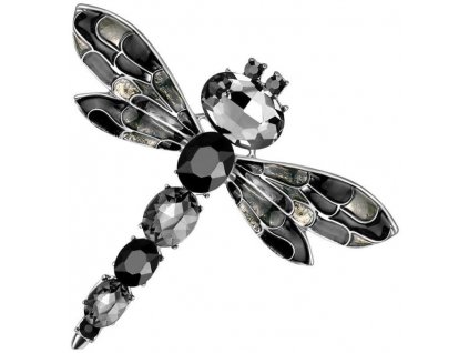 Elegantní Brož Vážka s Černými Krystaly, Šperkařská Slitina, 6x5.5 cm