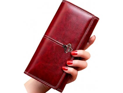 Velká dámská peněženka z ekologické kůže, vínová, 14 přihrádek, rozměry 19.5x10x4 cm