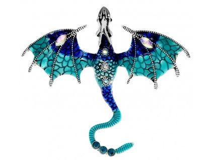 Brož s modrým drakem zdobená zirkony, šperkařská slitina, 7x6,1 cm
