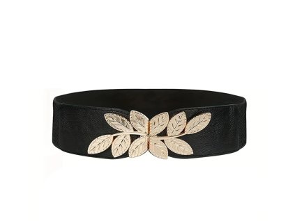 Elastický Dámský Pásek s Ozdobnou Sponou Listy, Černý se Zlatým Vzorem, Šířka 6.5 cm