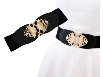 Elastický Dámský Pásek s Zlatou Ozdobnou Sponou, Černý, Šířka 7 cm, Délka 62-68 cm