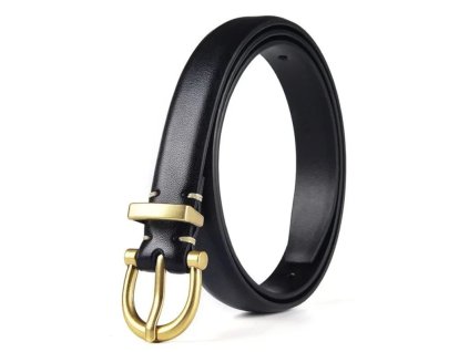 Elegantní dámský opasek z přírodní kůže, černý, se zlatou sponou 2,8 x 3 cm, šířka 1,8 cm a délka 110 cm