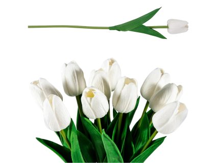 Umělé bílé tulipány, 10 ks, délka 34 cm, materiál silikon a plast