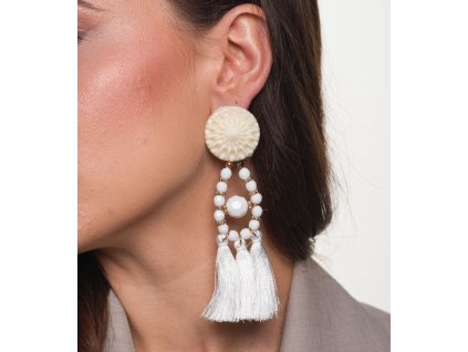 Dlouhé střapcové náušnice s imitací krystalů, červené/černé/bílé, délka 9.5 cm