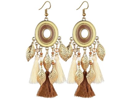 Střapcové náušnice s vypouklým kruhem, zlatý lem, kov a látka, 11 cm x 3 cm