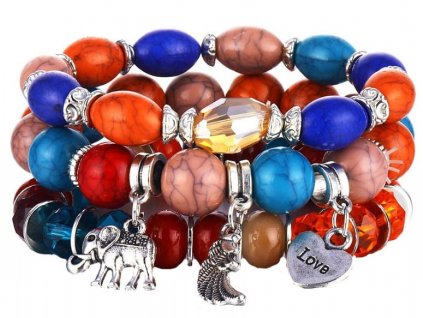 Náramek s korálky a přívěsky - slon, křídlo, láska, akryl, univerzální velikost, tři barevné varianty
