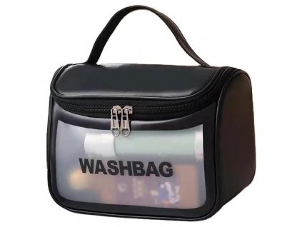 Rozkládací toaletní taška WASHBAG, černá s geometrickými vzory, měkký neklouzavý materiál, 22x12x18 cm