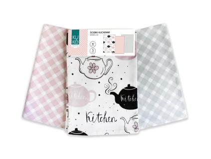 Sada kuchyňských utěrek 3 ks 40x60 Kuke konvice růžová černá 024 bavlna Faro