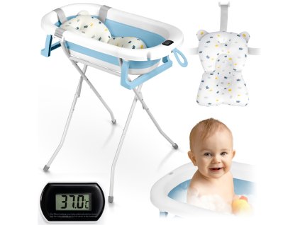 Skládací dětská vanička s rámem, teploměrem a vložkou Ricokids RK-287 bílá a modrá pro kojence