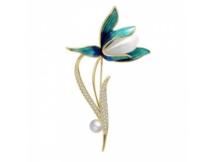 Elegantní Ozdobná Brož Křišťálový Květ s Perlou, 6.8x4.0 cm, Bez Niklu a Chromu