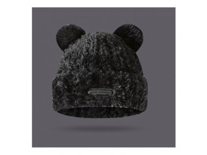 Černá zimní čepice s ušima medvídka a nášivkou, měkká a teplá, univerzální velikost, 26 cm x 25 cm