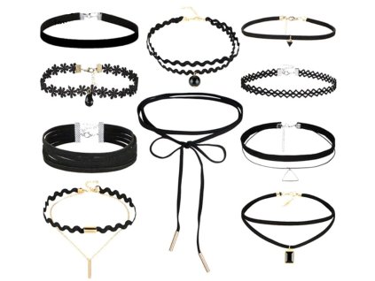 Černá sada 10 kusů choker náhrdelníků s krajkovým páskem