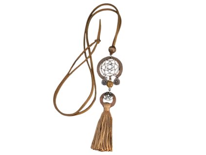 Náhrdelník hnědý boho lapač snů na šňůrce s třásněmi, nastavitelný