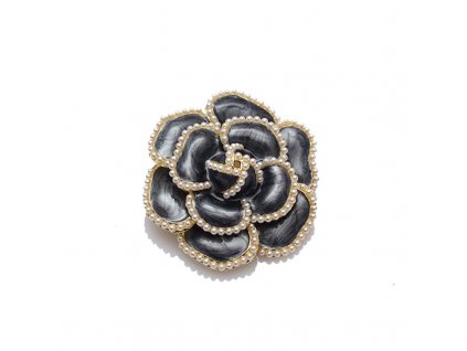 Elegantní ozdobná brož s černým květem kamélie a perlami, 4,6x4,6 cm, bez niklu a chromu