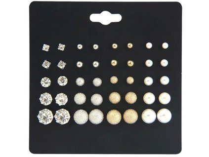 Sada 20 párů karnevalových náušnic s perlami a zirkony, stříbrné a zlaté barvy, rozměry 0,5 cm až 1 cm