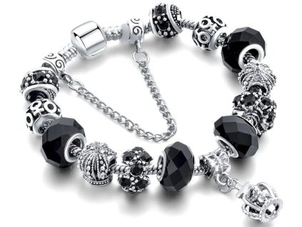 Modulární náramek ze stříbrného kovu s černými zirkonovými přívěsky, délka 19 cm