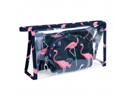 Sada 3 Kosmetických Taštiček - Garnet Flamingi, Průhledná/Obdélníková/Oválná, 24x14.5x7 cm / 19x12 cm / 15x10.5x3 cm