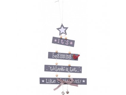 Dřevěná dekorace Vánoční stromek, šedá, 15.5 cm + 9 cm přívěsek, 17 cm široký