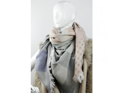 Elegantní Šála SZALS28WZ1, šedá/pudrově růžová/zelená/modrá, 135 cm x 135 cm, viskóza/bavlna