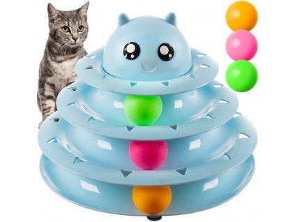 Interaktivní věž s míčky pro kočky, modrá, plastová, 24x24x19 cm