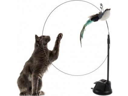 Hračka pro kočku s přísavkou, ptákem a zvonkem, materiál: kov/plast/pryž, délka tyče: 95 cm
