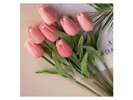 Umělá rostlina Tulipán, růžový a zelený, materiál PU, výška 36 cm
