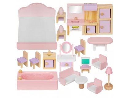 Dřevěná sada nábytku pro panenky, 22 ks, bílá a růžová, rozměry v balení: 21 x 21 x 14 cm