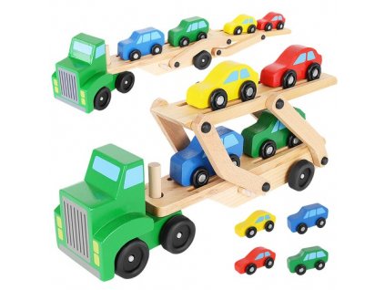 Dřevěný skládací náklaďák s odtahovkou a sadou 4 aut, rozměry 32 x 7,3 x 16,5 cm, hmotnost 650 g