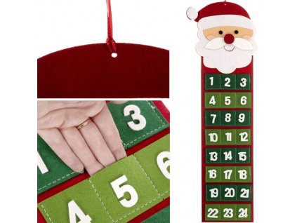 Adventní kalendář z plsti, červená/bílá/zelená, 24 kapes, 67,5 x 20 cm