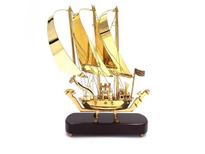 Mosazná loď na dřevěném podstavci - 30 cm - N-3615A