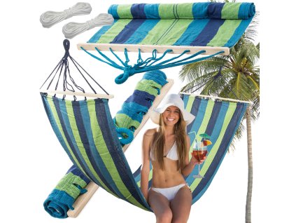 Zahradní houpací síť vyztužená pruhovaným barevným dřevem houpačka 200 x 80
