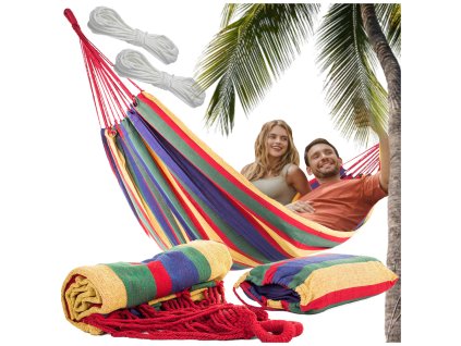 Zahradní houpací síť dvojitá xxl turistický pruhovaný potah 200 x 150 velký