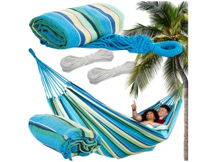 Zahradní houpací síť dvojitá xxl turistický pruhovaný potah 200 x 150 velká