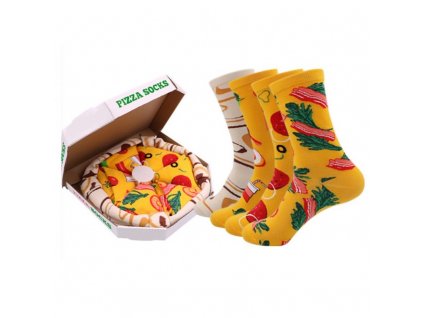 Sada 4 páru ponožek s vtipným potiskem Pizza, univerzální velikost, bavlna/polyester, měkké a hřejivé