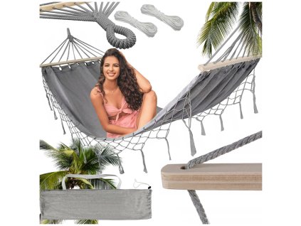 Zahradní houpací síť turistická šedá střapec houpačka boho bag 200 x 100cm