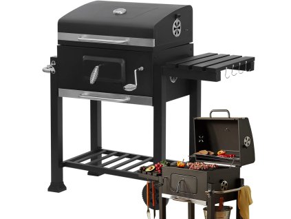 Zahradní gril na dřevěné uhlí dva rošty teploměr víko police popelník velký