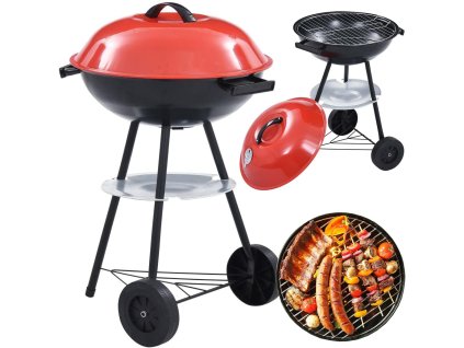 Zahradní gril na dřevěné uhlí na brikety kola kulaté víko uzamykatelné přenosné