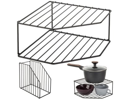 Kuchyňská rohová stojící kovová police dvouúrovňová koupelnová police