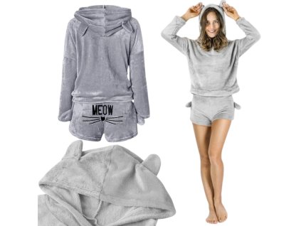 Teplé dámské pyžamo dvoudílné s kapucí měkký plyš krátký m