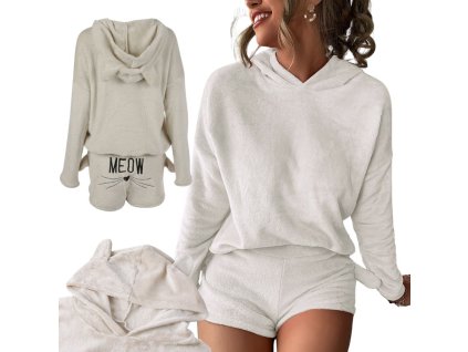 Teplé dámské pyžamo dvoudílné s kapucí měkký plyš krátký l