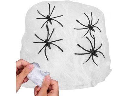 Umělá bílá pavučina se 4 pavouky halloweenská dekorace natahovací