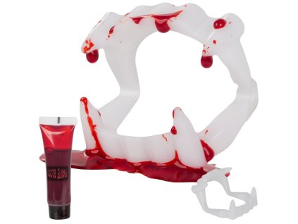 Sada falešných zubů + krev halloween upír dracula tesáky krev v tubě
