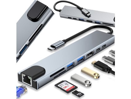 Hub adaptér 8v1 konektor 2x usb-c thunderbolt 3 2xusb hdmi sd rj45