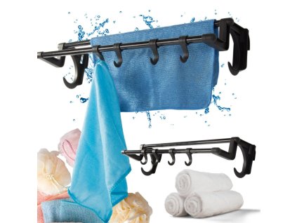 Koupelnový věšák černý na ručníky a doplňky 40 cm bez vrtání 4 háčky